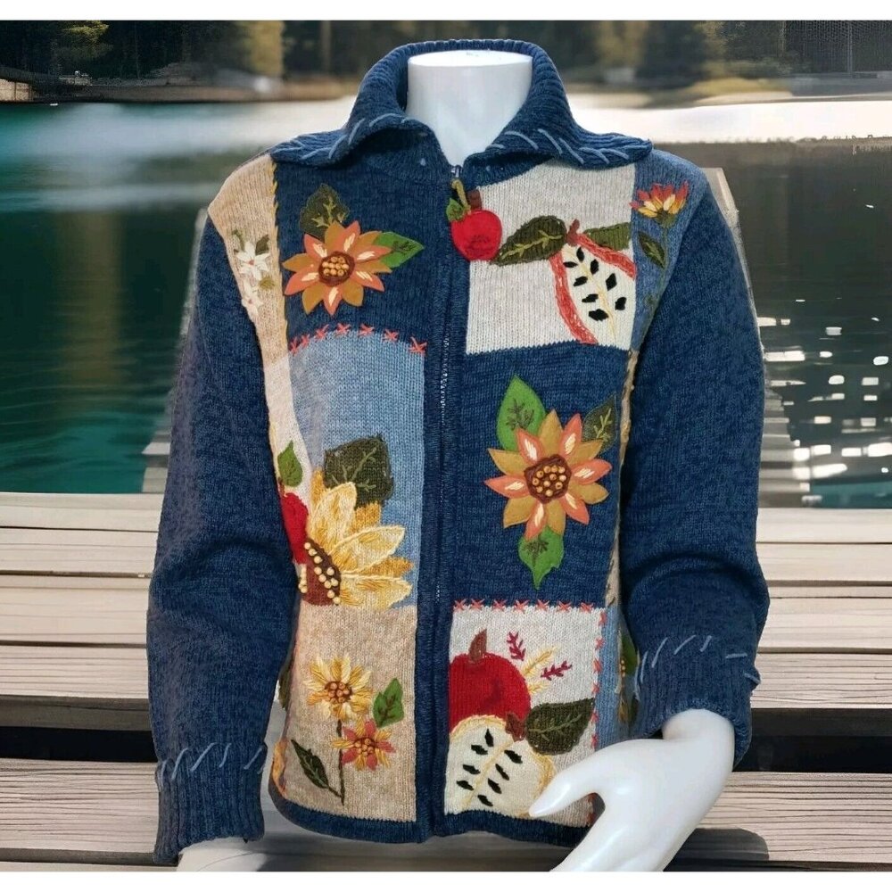 Shaver Lake Autumn Sweater Womens Sz L Sunflower Embroidered Zip Cardigan Beaded